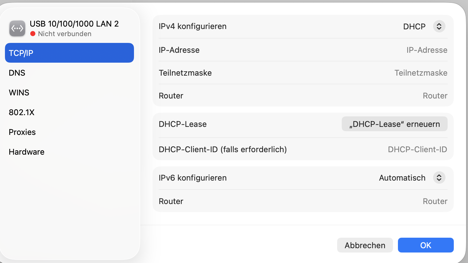 TCP/IP settings of the Ethernet adapter with Configure IPv4 set to DHCP
