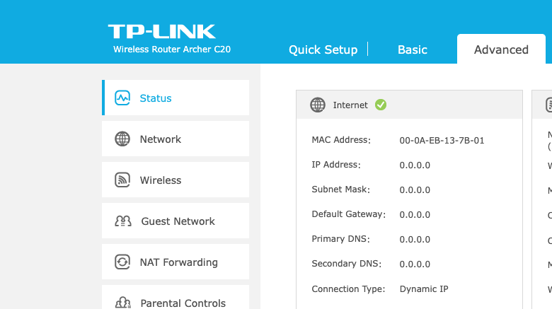 TP-Link Weboberfläche, blaues Design mit Reitern