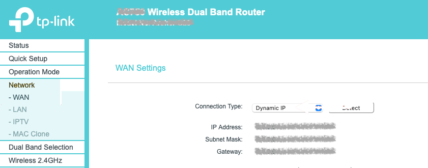 TP-Link Weboberfläche, türkises Design, altes Menü