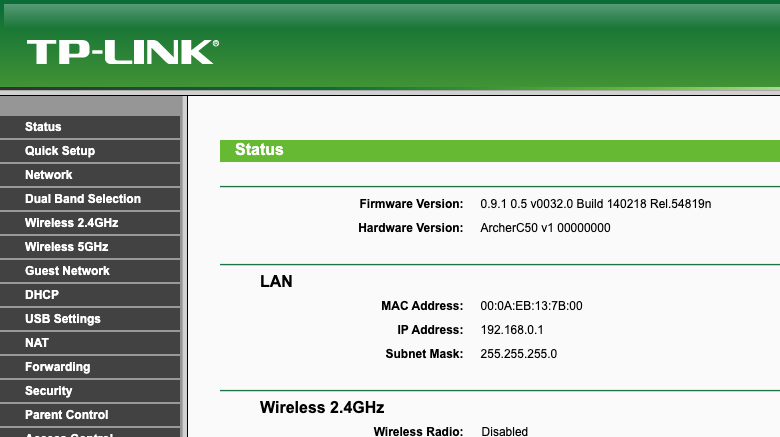 TP-Link Weboberfläche, grünes Design, altes Menü