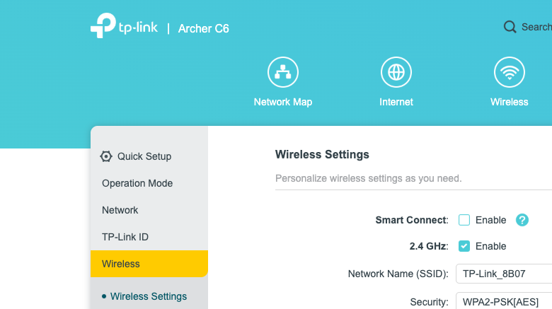 TP-Link Weboberfläche, türkises Design mit Ringsymbolen